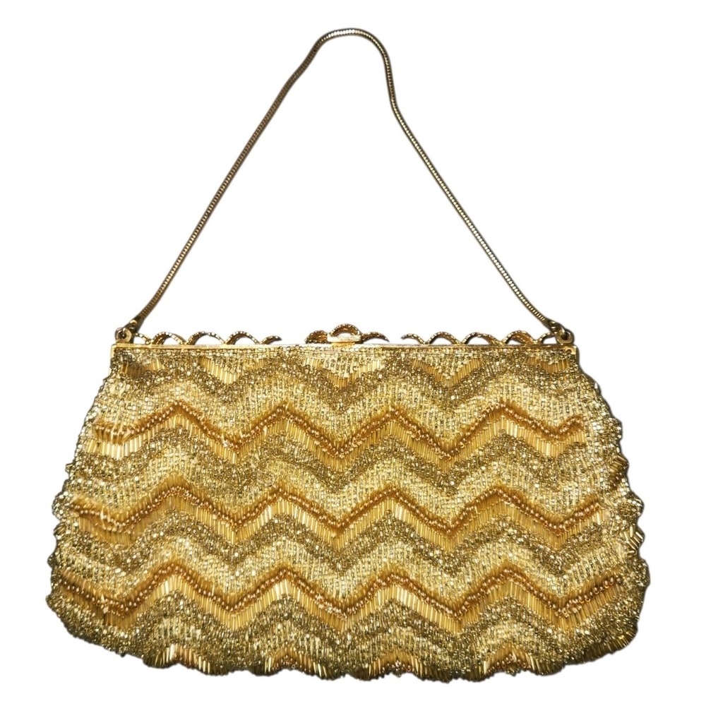 Vintage 60's Gold Hand Beaded Seed Bead Purse Evening Bag Hong Kong